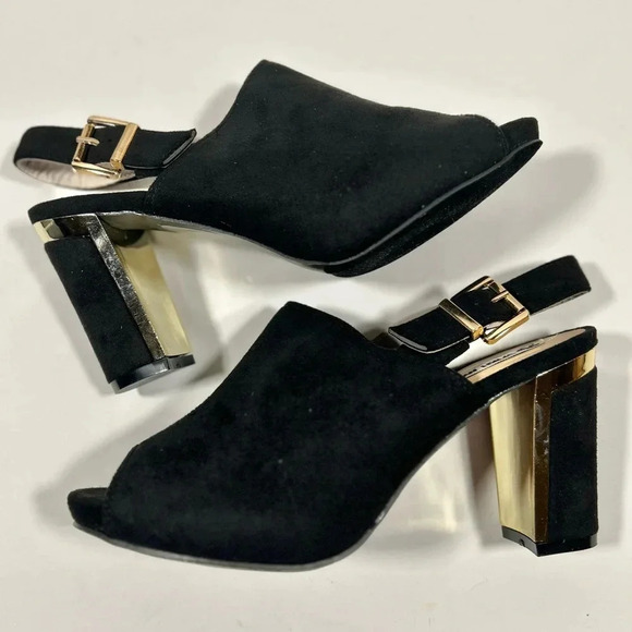 NIB!Spirit Moda Black -Peek toe -gold back heel Chucky shoes size 9 - Picture 1 of 12